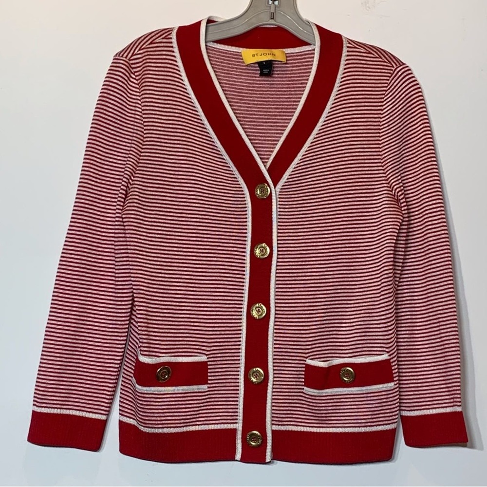 EUC St. John Santana Knit Red and White Cardigan Sweater